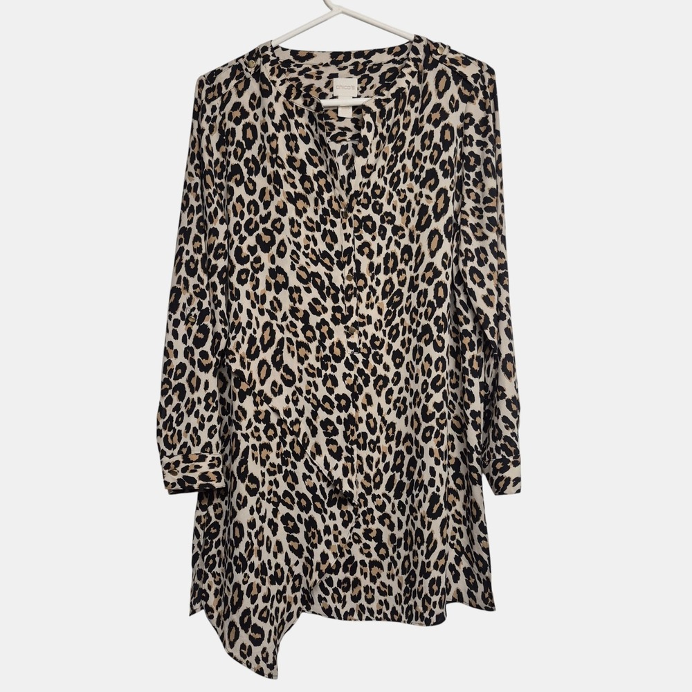 Chicos Leopard Print Tunic Blouse Animal Print Roll Tab Sleeve Asymmetrical Hem